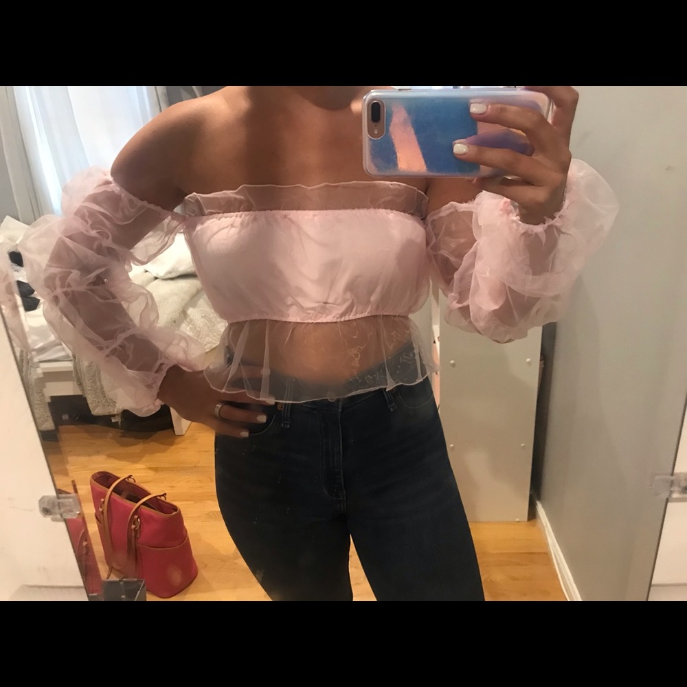 Pink crop top with puff detail sleeves